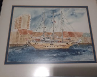 Beautiful  Sailing Ship Boat Water Color Artist Signed Stephens Painting Galion Clipper by VINTAGE CORNER ONLINE