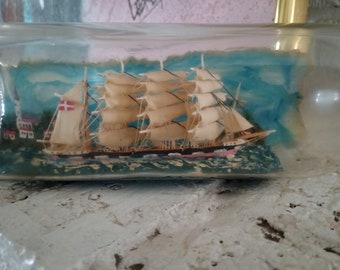 Fantastic Antique 60s Handmade Galion Clipper Ship in a bottle Danish Flag Dioramic scean by VINTAGE CORNER ONLINE