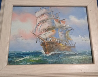 Very nice oil on canvas Vtg 90s  clipper Galian Old World ship beautiful colors signed . Has some dings on frame by VINTAGE CORNER ONLINE