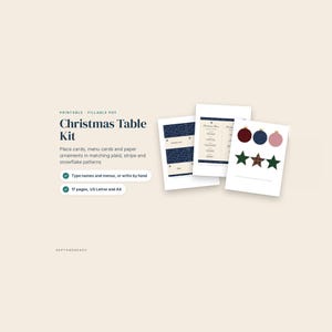 Julbordskit, utskrivbara placeringskort, menykort och mallar för pappersdekorationer, ifyllningsbar PDF, Buffalo Plaid, Letter och A4