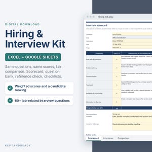 May include: A digital Hiring & Interview Kit for Excel and Google Sheets. The text reads: Hiring & Interview Kit, EXCEL + GOOGLE SHEETS, Same questions, same scores, fair comparison. Scorecard, question bank, reference check, checklists.
