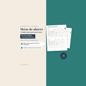 Può includere: Un tracker digitale per obiettivi di risparmio con il testo Metas de ahorro y fondos para gastos previstos, PDF RELLENABLE + HOJA DE CÁLCULO, Carta y A4, e 22 PÁGINAS. Il documento presenta tabelle per monitorare i progressi finanziari.