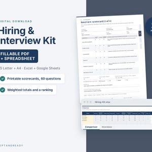 Structured Interview Kit, Fillable PDF + Spreadsheet, Interview Scorecard, Question Bank