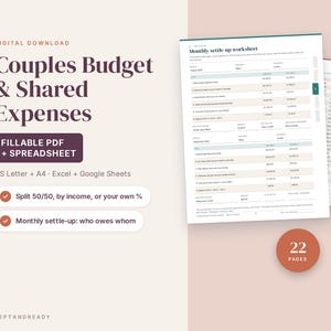 Puede incluir: Una descarga digital para un planificador de presupuesto de pareja y gastos compartidos. Incluye un PDF rellenable y una hoja de cálculo para formatos US Letter y A4. Cuenta con una hoja de liquidación mensual, 22 páginas en total y opciones de reparto.