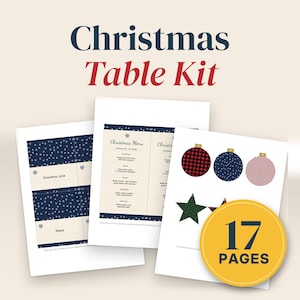 Kit de mesa navideña, tarjetas de lugar imprimibles, tarjetas de menú y plantillas de adornos de papel, PDF rellenable, estampado a cuadros, tamaño carta y A4.