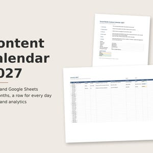 Peut inclure: Un calendrier de contenu numérique pour 2027, compatible avec Excel et Google Sheets. Le document présente 12 mois d'espace de planification avec une ligne pour chaque jour, incluant des sections pour les idées et analyses, intitulé Content calendar 2027.