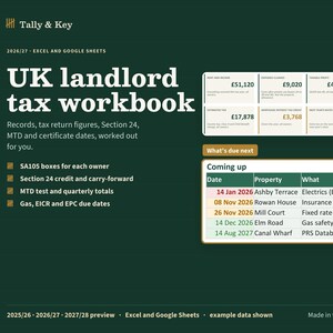 Könnte beinhalten: Ein dunkelgrünes digitales Steuer-Arbeitsbuch für britische Vermieter für Excel und Google Sheets. Es zeigt Finanzdaten, Steuererklärungszahlen, Section 24-Details und einen Zeitplan für anstehende Termine wie Gas-, EICR- und EPC-Prüfungen.