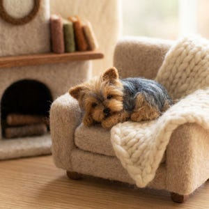 Könnte beinhalten: Eine nadelgefilzte Miniatur-Yorkshire-Terrier-Hundefigur, die auf einem kleinen beigen Sessel ruht. Der Hund hat braunes und graues Fell. Der Sessel ist mit einer grob gestrickten cremefarbenen Decke bedeckt. Ein gefilzter Kamin ist im Hintergrund zu sehen.