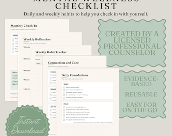 Może przedstawiać: Zestaw stron z listą kontrolną dobrego samopoczucia psychicznego z tytułami takimi jak Monthly Check-In, Weekly Reflection, Weekly Habit Tracker, Connection and Care oraz Daily Foundations. Dokumenty zawierają pola wyboru i podpowiedzi tekstowe.
