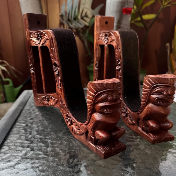 Hand Carved Mahogany Surfboard Display Racks – Tiki, Ku, Pineapple Designs