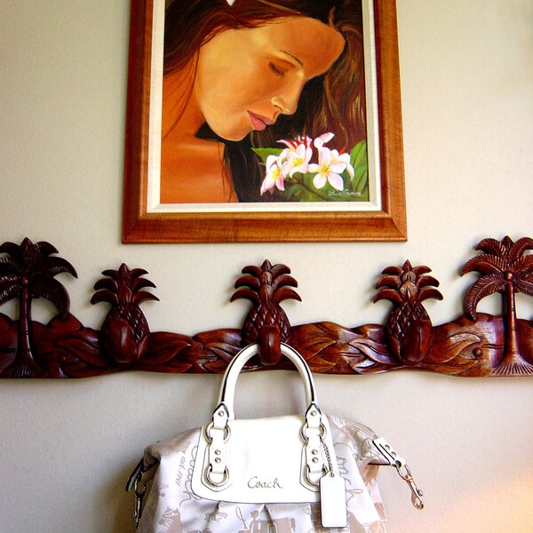 Entry Way, Coat / Purse  Rack Hand Carved Palm Tree and PineApples