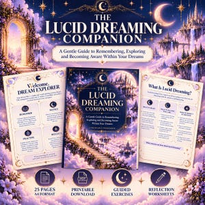 May include: A printable workbook titled The Lucid Dreaming Companion featuring a cover with a moonlit castle and stone archway. The set includes two open pages with text about dream exploration, guided exercises, and reflection worksheets.