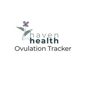 May include: A logo for Haven Health Ovulation Tracker featuring a stylized line drawing of a flower with a purple blossom and dark green leaves. The text 'haven health' appears in a mix of light gray and dark teal, with 'Ovulation Tracker' below.