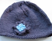 Blue Knit Hat - Beanie - Steel Blue - Merino Wool  Flower Motif - Women's Hat - OOAK