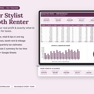 Hair Stylist Booth Renter Bookkeeping & Tax Tracker (Excel/Google Sheets)
