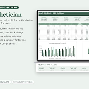 Esthetician Bookkeeping & Tax Tracker, Income Expense Suite Rent (Excel/Google Sheets)