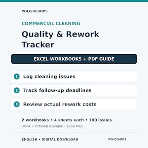 May include: A digital document titled POLISHEDOPS COMMERCIAL CLEANING Quality & Rework Tracker. It includes Excel workbooks and a PDF guide to log cleaning issues, track follow-up deadlines, and review rework costs. Features 2 workbooks, 4 sheets each, and 100 issues.