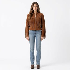 Chaqueta vaquera de piel de ante marrón auténtica para mujer, estilo western, hecha a mano, con cuello alto y cremallera.