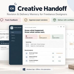 Könnte beinhalten: Eine digitale Benutzeroberfläche für Creative Handoff, ein Revisions- und Liefergedächtnis-Tool für freiberufliche Designer. Der Bildschirm zeigt Projektverfolgung, Feedback und Genehmigungsstatus mit einer dunklen Seitenleiste.