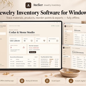 May include: Atelier Jewelry Inventory software for Windows displayed on a screen, showing a dashboard with inventory value, reorder summaries, and stock movements. The interface features a light beige colour scheme with dark text and navigation menus.
