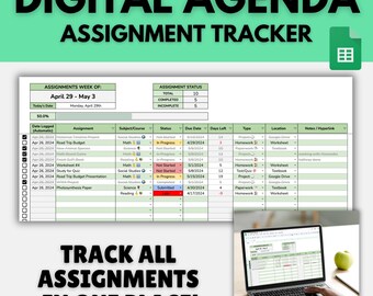 May include: A digital agenda assignment tracker spreadsheet template featuring a table with columns for date logged, assignment, subject, status, due date, days left, type, location, and notes. The interface includes a progress bar and status summary.