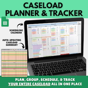 May include: A laptop displaying a digital caseload planner and tracker with a monthly scheduling calendar. A separate auto-updating caseload summary table is shown to the left. The text reads CASELOAD PLANNER & TRACKER.