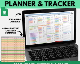 May include: A laptop displaying a digital caseload planner and tracker with a monthly scheduling calendar. A separate auto-updating caseload summary table is shown to the left. The text reads CASELOAD PLANNER & TRACKER.