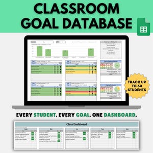 May include: A digital classroom goal database displayed on a laptop screen, featuring student progress charts, goal tracking tables, and a class dashboard. The interface includes data for up to 60 students, with green, yellow, and red status indicators.