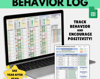 May include: A laptop displaying a Yearly Behavior Log spreadsheet with daily tracking columns, smiley and sad face icons, and a monthly overview report. Text includes Yearly Behavior Log, Track Behavior and Encourage Positivity, and Use Year After Year.