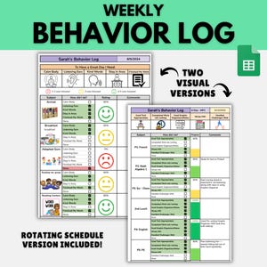 May include: A digital Weekly Behavior Log template featuring two distinct versions. The first sheet tracks daily tasks with smiley face ratings, while the second sheet monitors academic subjects with progress bars and specific behavioral checkboxes.
