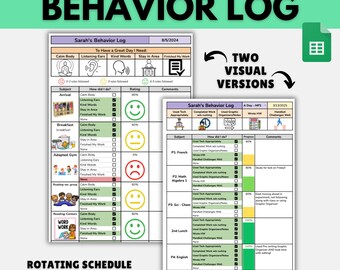May include: A digital Weekly Behavior Log template featuring two distinct versions. The first sheet tracks daily tasks with smiley face ratings, while the second sheet monitors academic subjects with progress bars and specific behavioral checkboxes.