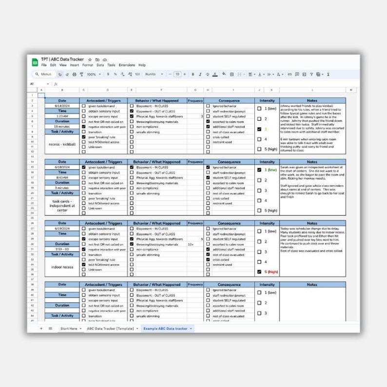 May include: A digital ABC data tracker spreadsheet template featuring columns for date, time, duration, task, activity, antecedents, triggers, behaviors, frequency, consequences, intensity levels, and detailed notes for behavioral tracking.