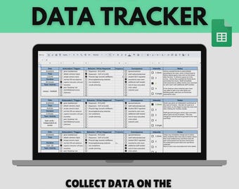 May include: A digital ABC Data Tracker spreadsheet displayed on a laptop screen. The document features columns for date, time, duration, task, antecedents, triggers, behavior, frequency, consequence, intensity, and notes for behavioral tracking.