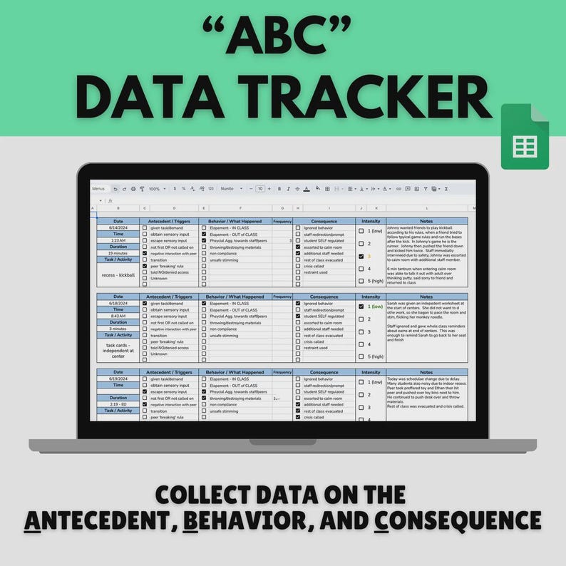 May include: A digital ABC Data Tracker spreadsheet displayed on a laptop screen. The document features columns for date, time, duration, task, antecedents, triggers, behavior, frequency, consequence, intensity, and notes for behavioral tracking.