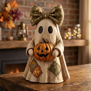 May include: A fabric ghost figurine featuring a large camouflage-patterned bow on its head, two black oval eyes, and a small orange jack-o'-lantern pumpkin held in its arms. The ghost has a cream-colored body with stitched-on fabric patches.