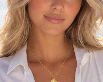 Delicado collar de medalla milagrosa de oro, dije pequeño de María, cadena Singapur