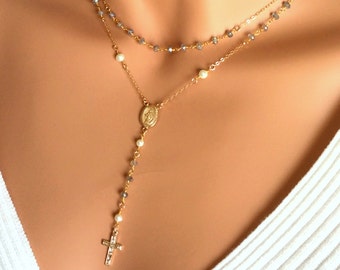 Multi Strand Lariat Y Necklace Rose Gold Sterling Silver Bar