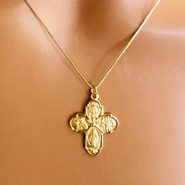 Gold Four Way Cross Necklace Women Sterling Silver Fourway Cross Charm Neckalce Sacred Heart Cross Cruciform Religious Catholic Box Chain