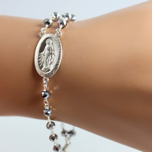 Sterling Silver Rosary Bracelet for women girls gunmetal beads Cross Bracelets Rosaries Catholic Jewelry Confirmation Gift for mom religious