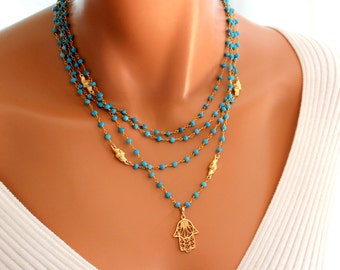 Hamsa Necklace Multi Strand Necklaces  Gold Turquoise Jewelry Women Hand of Fatima Protection Amulet Evil Eye Kabbalah