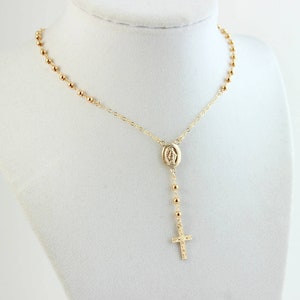 Gold Rosary Necklace Women Gold Filled Sterling Silver Confirmation Gift Spiritual Jewelry Christian Cross Lariat