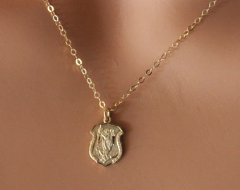 May include: A gold-toned necklace featuring a delicate chain and a small, shield-shaped pendant. The pendant displays an embossed, detailed figure centered within the raised border of the shield, suspended from a simple, thin gold-colored metal chain.