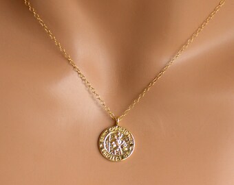 Gold Saint Christopher Charm Necklace Women Round Gold Filled Coin  St Christopher Protection Religious Catholic Jewelry Gift