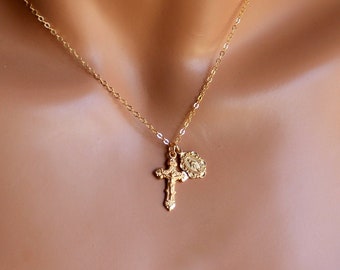 BEST SELLER Gold Crucifix Cross Necklace Women Miraculous Sterling Silver Double Charm Necklaces Catholic Jewelry Confirmation Gift Small