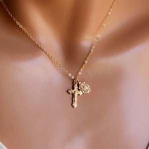 BEST SELLER Gold Crucifix Cross Necklace Women Miraculous Sterling Silver Double Charm Necklaces Catholic Jewelry Confirmation Gift Small