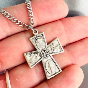 Sterling Silver Maltese Cross Necklace Men Four way cross Pendant Necklaces Protection Silver Cross Chain Catholic Religious Gift for Men