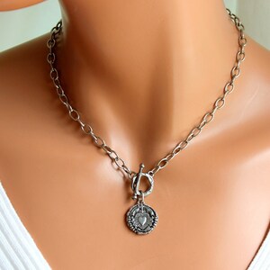 Antique Silver Sacrd Heart Choker Necklace Women Oxidized Steel Chain Necklaces Seven Swords of Mary Wax Seal Religious Jewelry Gift