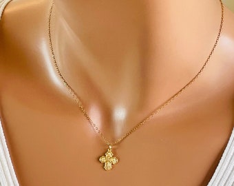 Tiny gold four-way cross charm necklace, miraculous Jesus  sterling silver gold filled religious jewelry, small gold cross necklace gift