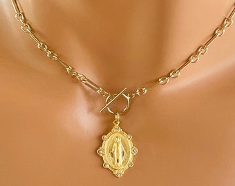 Gold Mary miraculous charm necklace sterling silver choker necklace, paper clip chain Swarovski religious Catholic jewelry gift