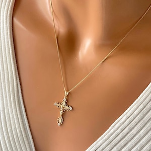 18k Gold Filled Crucifix Necklace: CZ Jesus Cross, Catholic Jewelry, Box Chain